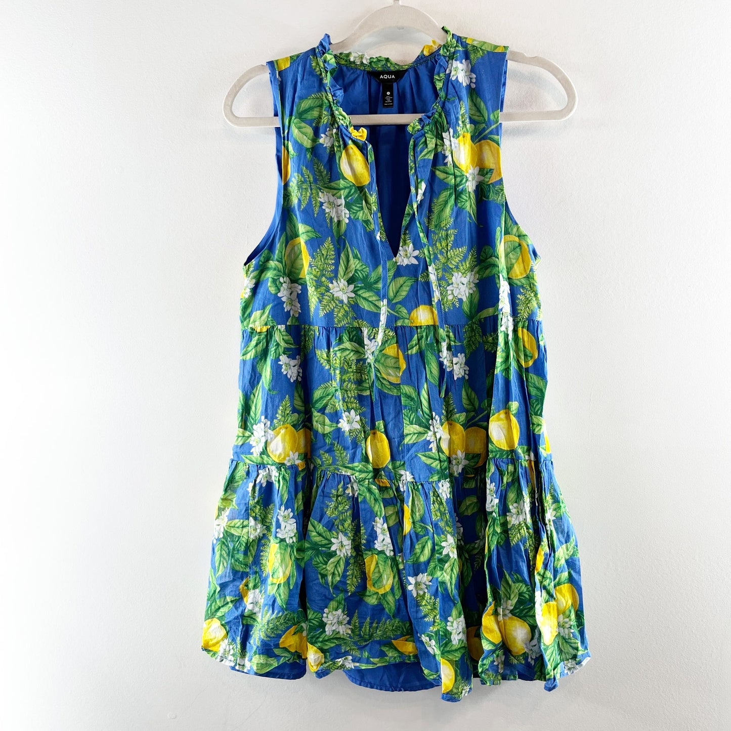 Aqua Lemon Print Babydoll Sleeveless Mini Tunic Dress Green Yellow Medium