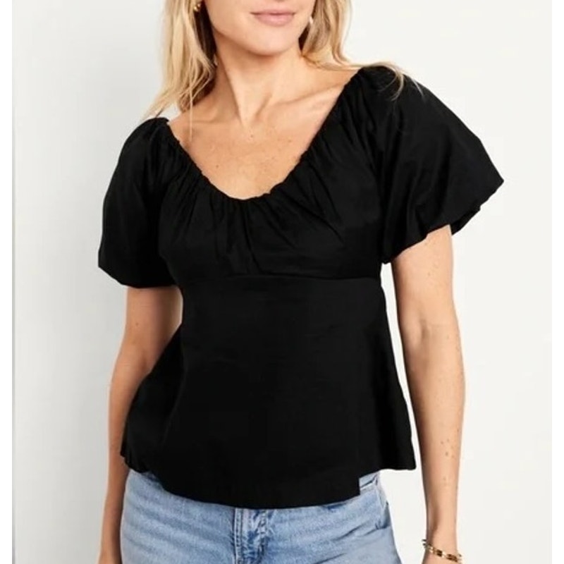 Old Navy Short Puff Sleeve Vee Neck Trapeze Top Black XXL / 2X