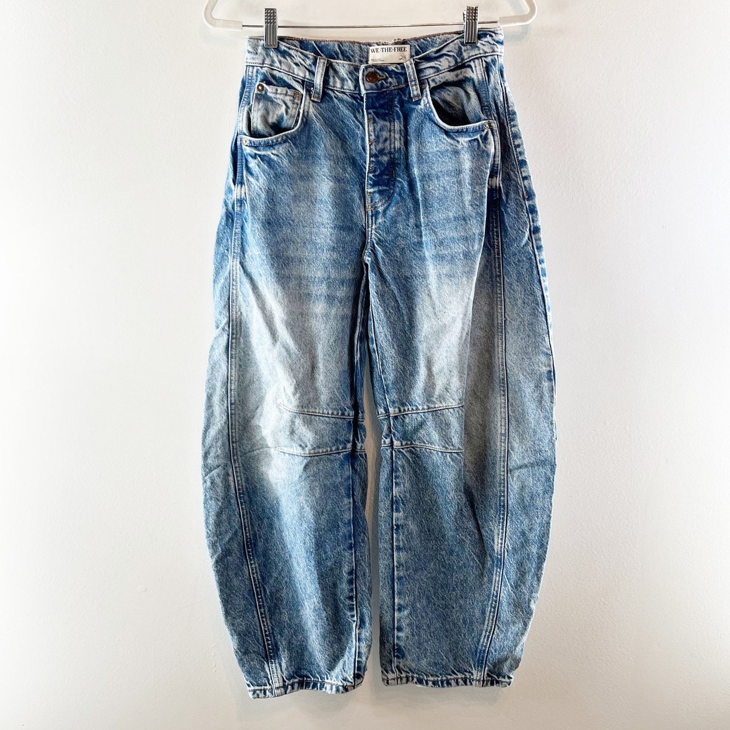 Free People Good Luck Mid-Rise Denim Barrel Jeans Ultra Light Beam 24