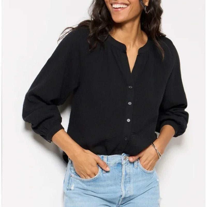Evereve Annie Cotton Gauze Long Sleeve Button Up Shirt Top Black Medium