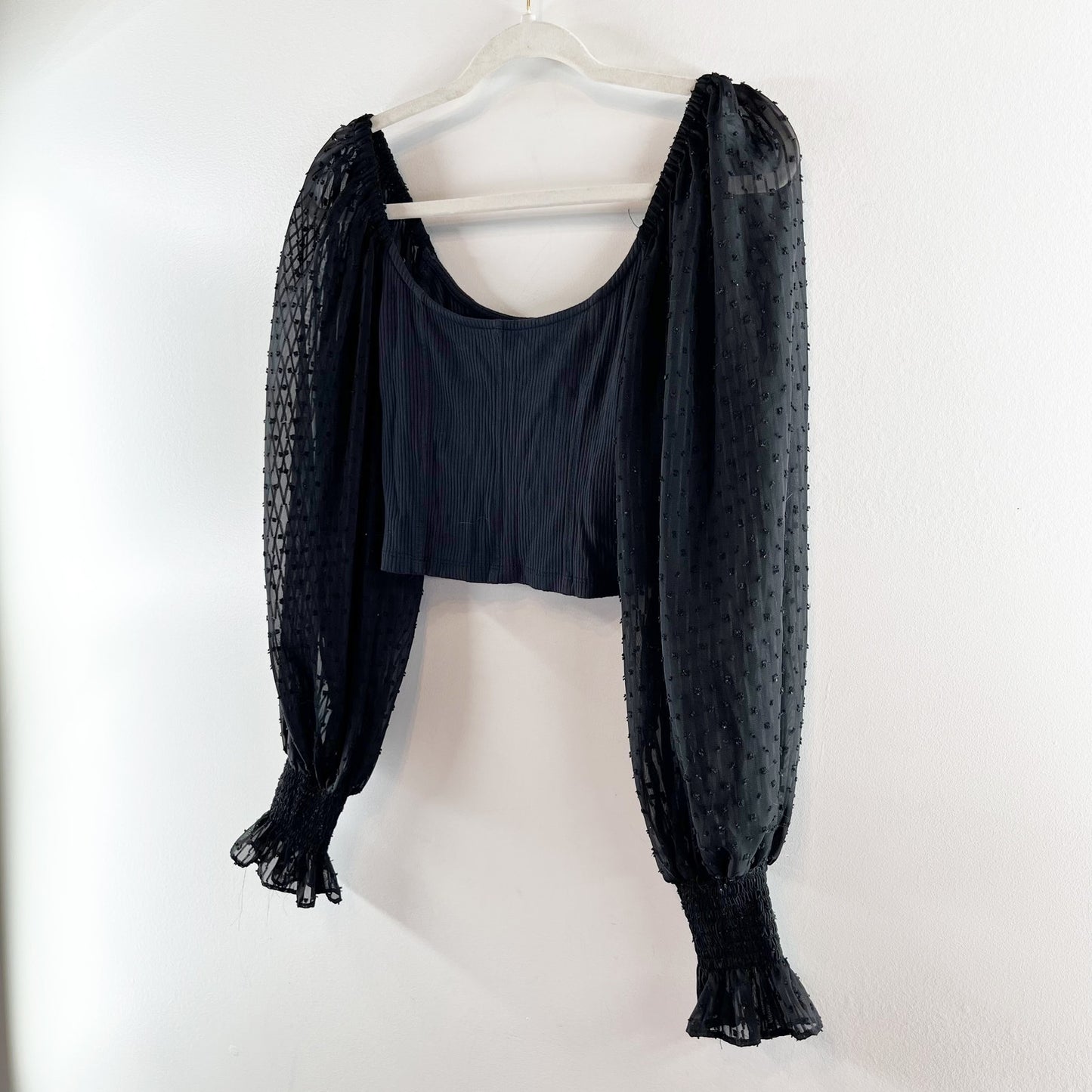 Urban Outfitters Cynthia Ribbed Square Neck Clip Dot Long Sleeve Crop Top Black