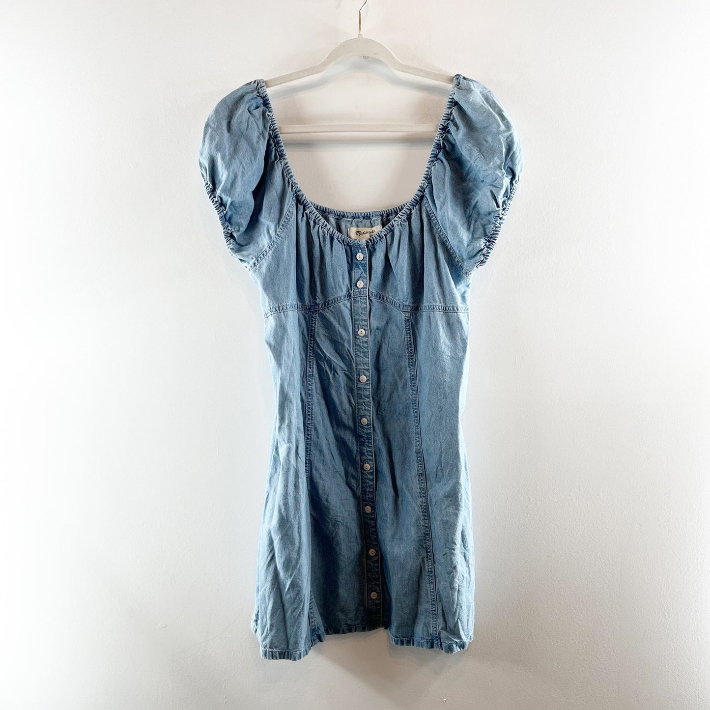 Madewell Denim Short Puff Sleeve Button Up Margie Mini Dress Bevy Wash Blue 12