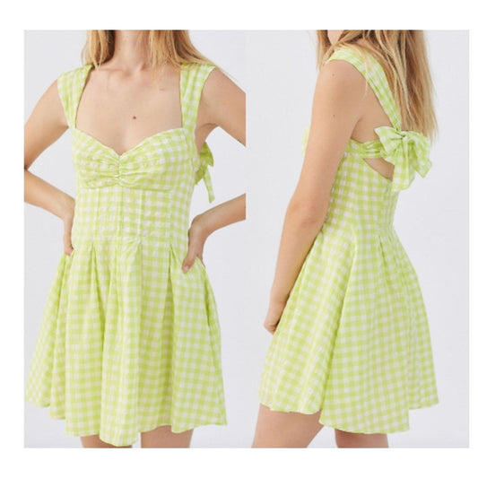 For Love & Lemons August Gingham Sweetheart Neck A-Line Mini Dress Green Small