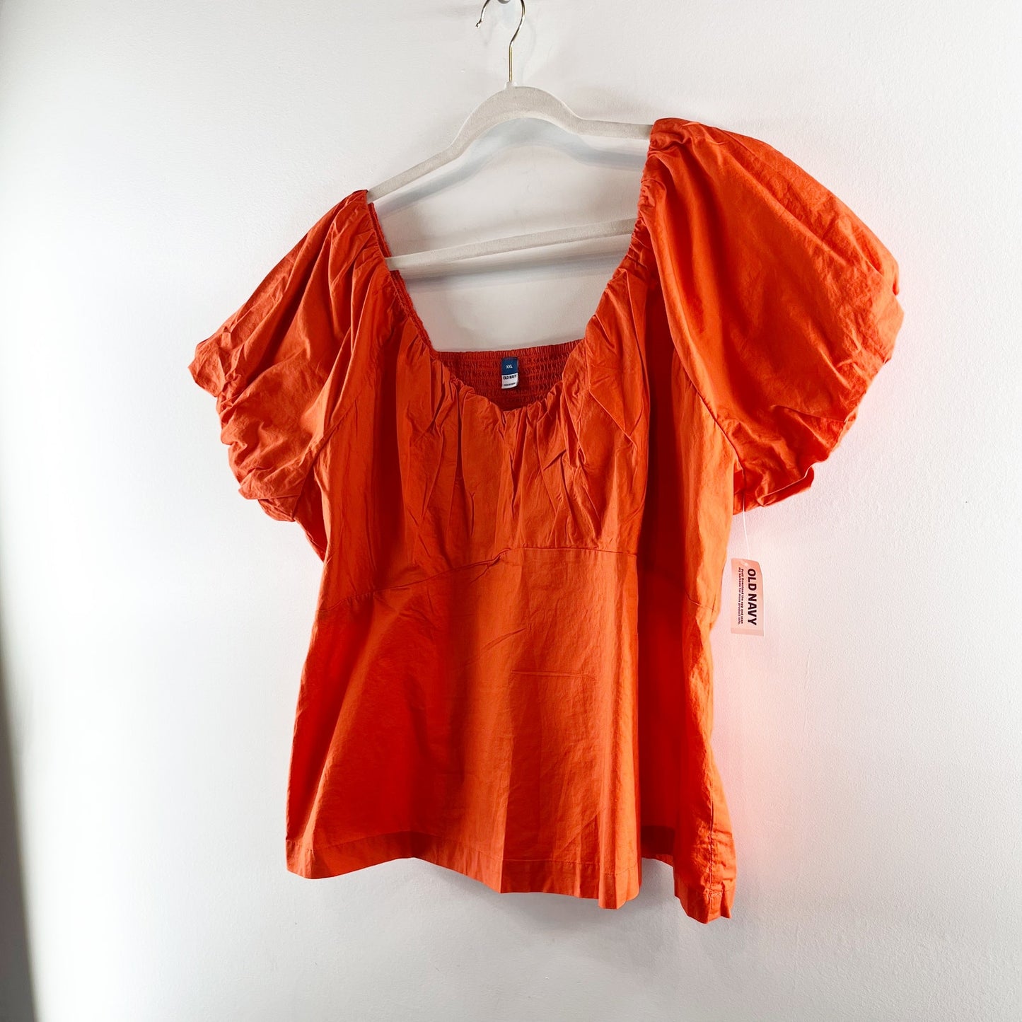 Old Navy Waist-Defined Short Puff Sleeve V-Neck Top Blouse Warm Sunset Orange 2X