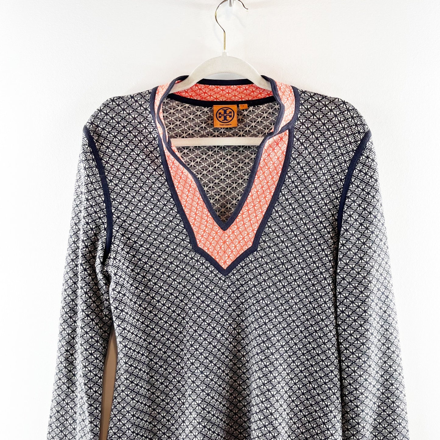 Tory Burch Colorblock Geometric Knit Tunic Sweater Top Blue Orange Small