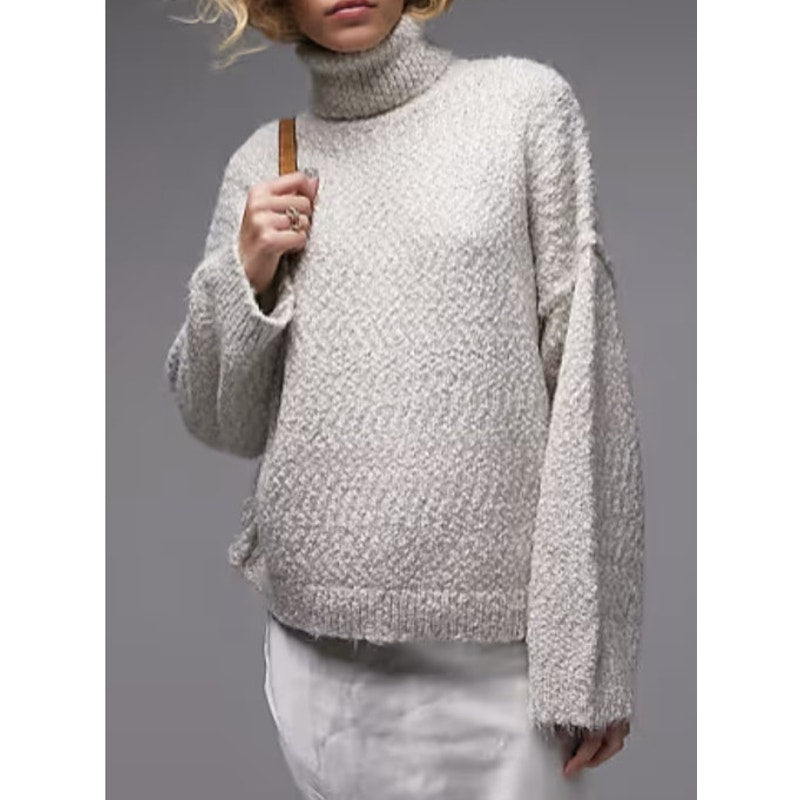 Topshop Dropped Shoulder Knit Fluffy Turtleneck Pullover Sweater Oat Small