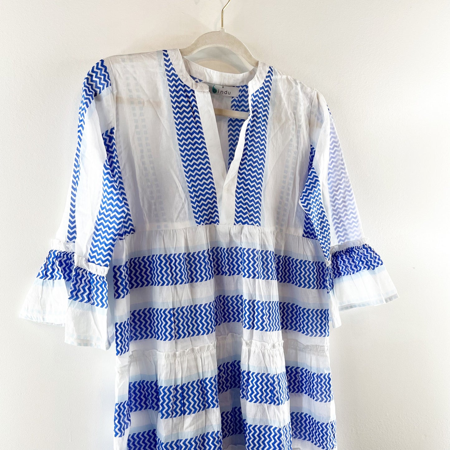 Bindu Elbow Length Sleeve Striped Ruffle Hem Mini Dress White Blue Small