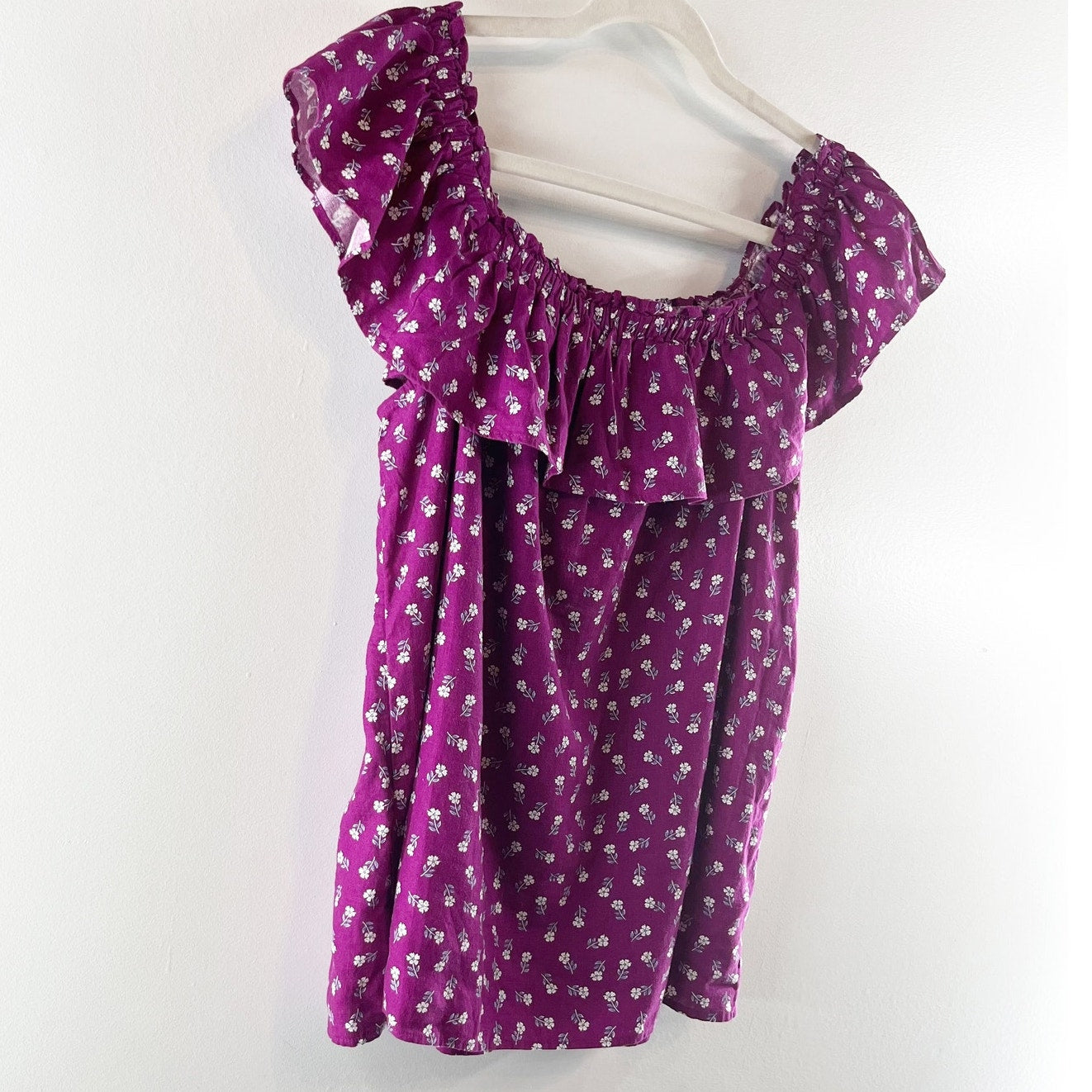 Loft Floral Print Linen-Blend Layered Ruffle Off-The-Shoulder Top Violet Medium