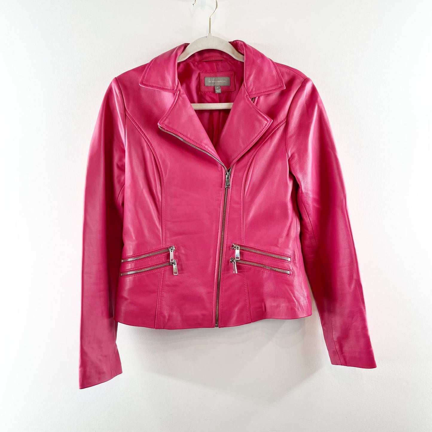 Neiman Marcus 100% Leather Moto Biker Zip Up Jacket Pockets Pink Small