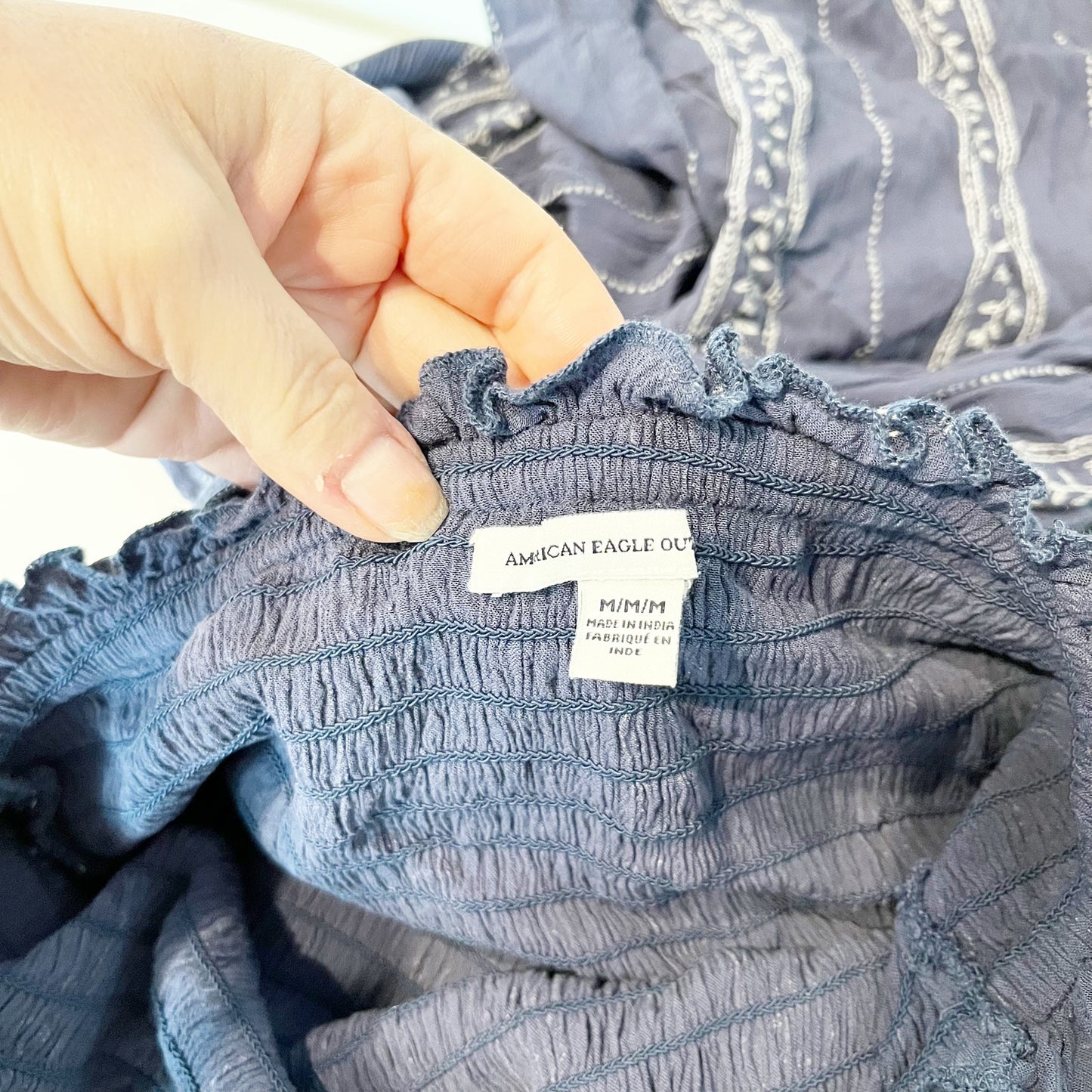 American Eagle Outfitters Strapless Ruffle Trim Wide Leg Jumpsuit Blue Medium