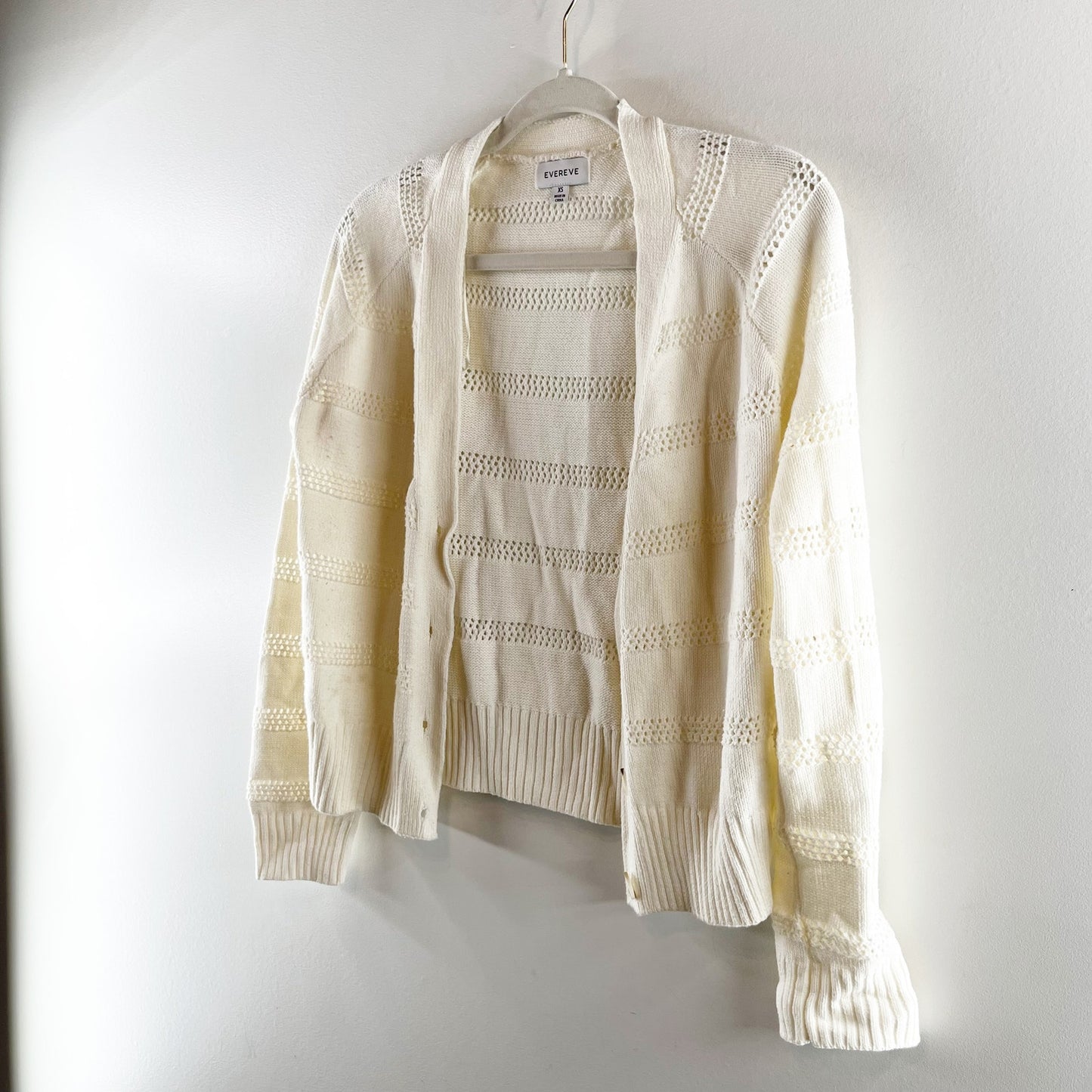 Evereve Button Up Crochet Knit Cardigan Sweater Cream XS