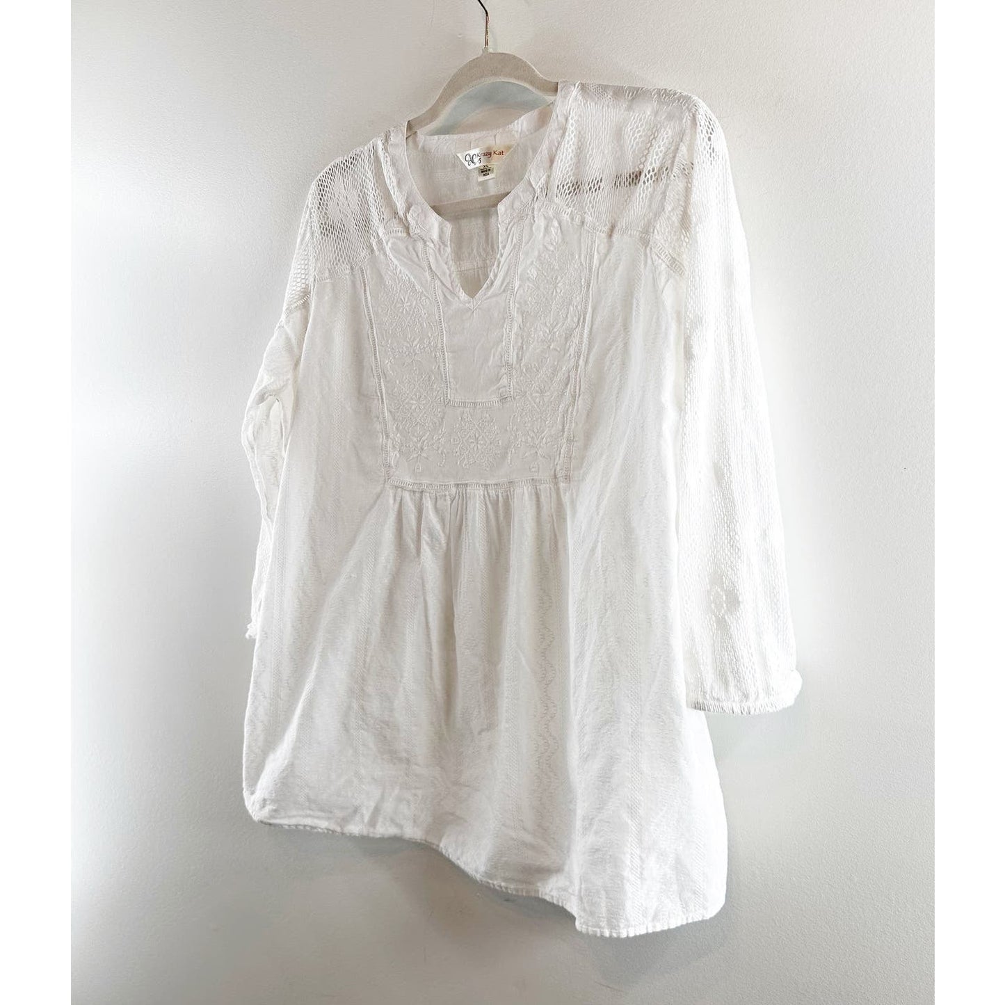 Krazy Kat Embroidered Lace Crochet Sleeve Boho Cotton Tunic Top Blouse White XL