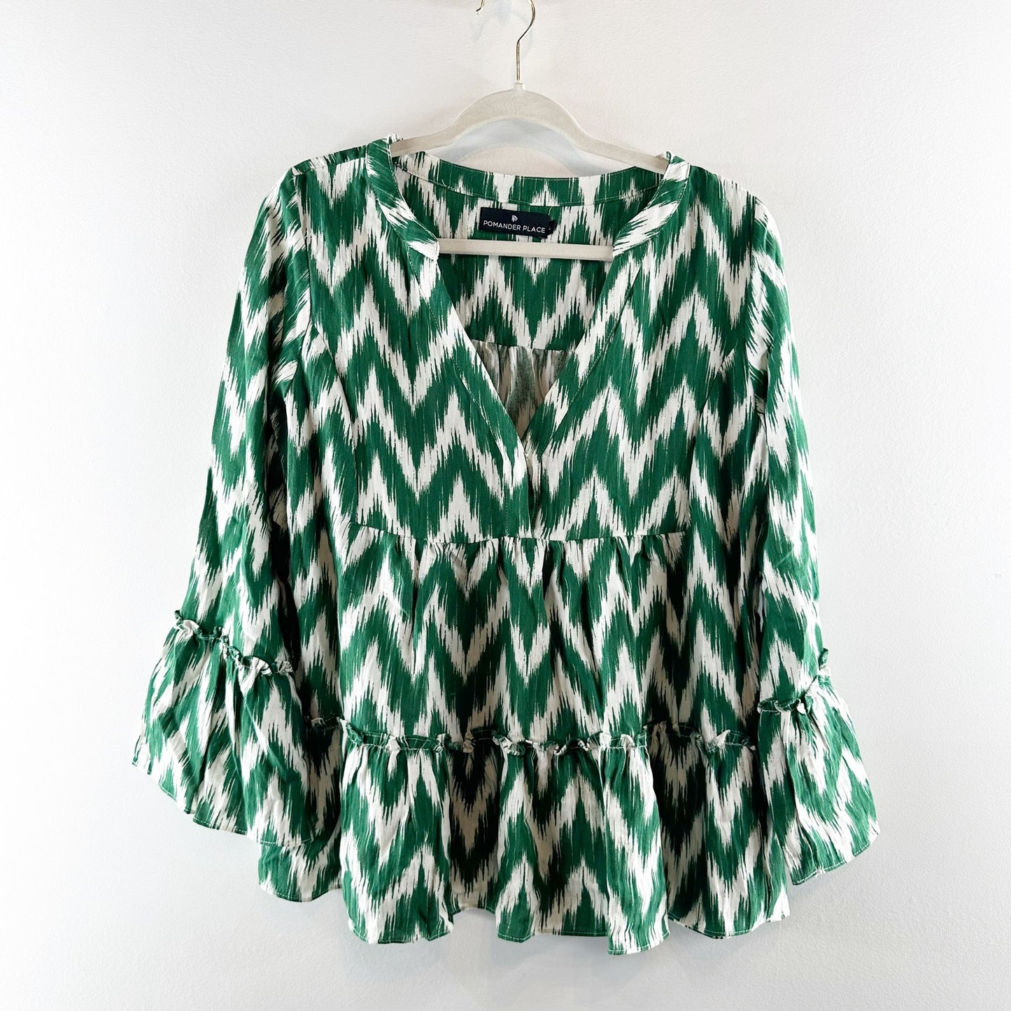 Pomander Place Tuckernuck Kenzo Ikat Blouse Top Shirt Green Large