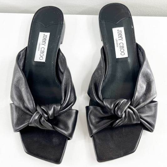 Jimmy Choo Avenue Leather Flat Slide Knot Sandals Black 38.5
