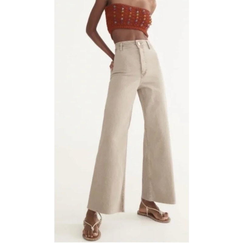 ZARA High Rise Wide Leg Stretch Marine Jeans Pants Khaki Tan 2