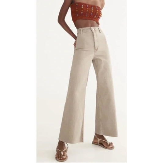 ZARA High Rise Wide Leg Stretch Marine Jeans Pants Khaki Tan 2