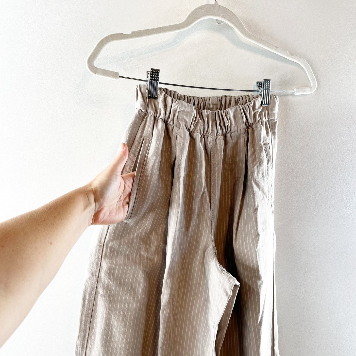Aerie Pull On Wide Leg Pinstripe Trouser Pants Tan Beige XS