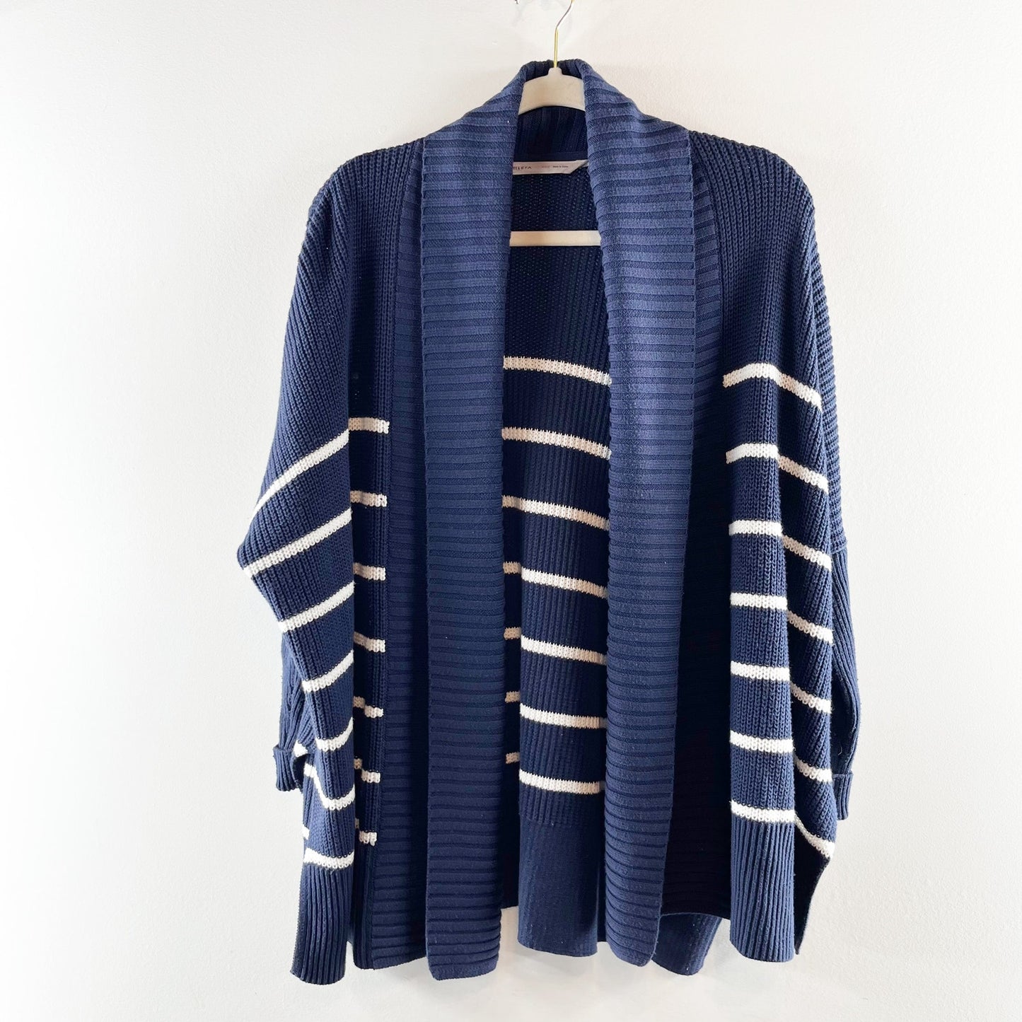 Athleta Striped Peaceful Wrap Open Knit Chunky Cardigan Sweater Navy Blue XXS