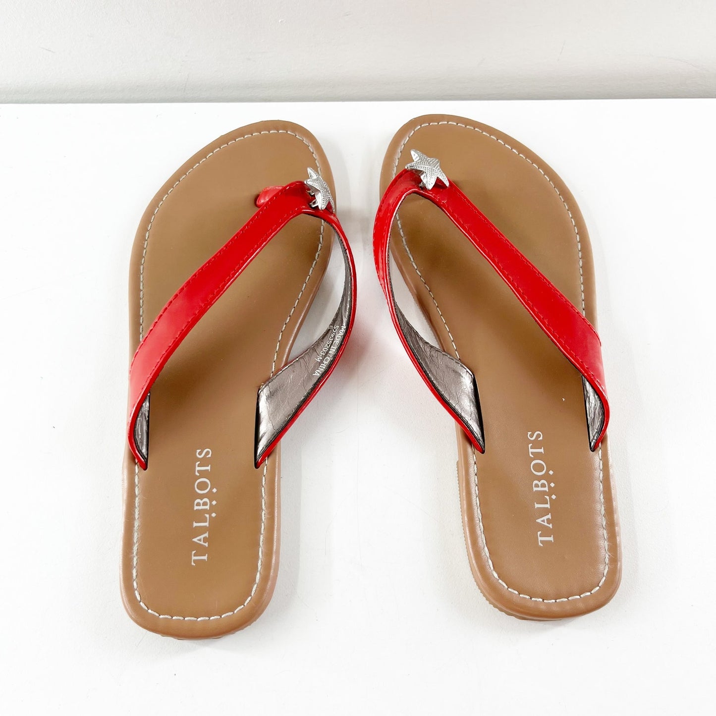 Talbots Patent Leather Silver Starfish Slip On Thong Flip Flop Sandals Red 8