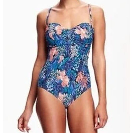 Old Navy Cinch Front Floral Print One Piece Swimsuit Navy Blue Floral Medium