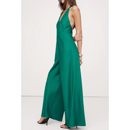 Banana Republic Satin Plunge Halter One Piece Jumpsuit Glistening Emerald Green