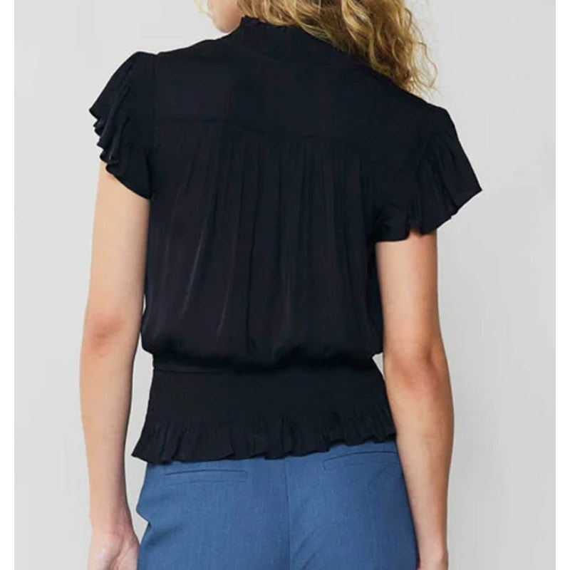 Current Air Los Angeles V-Neck Flutter Sleeve Smocking Waist Blouse Black Small
