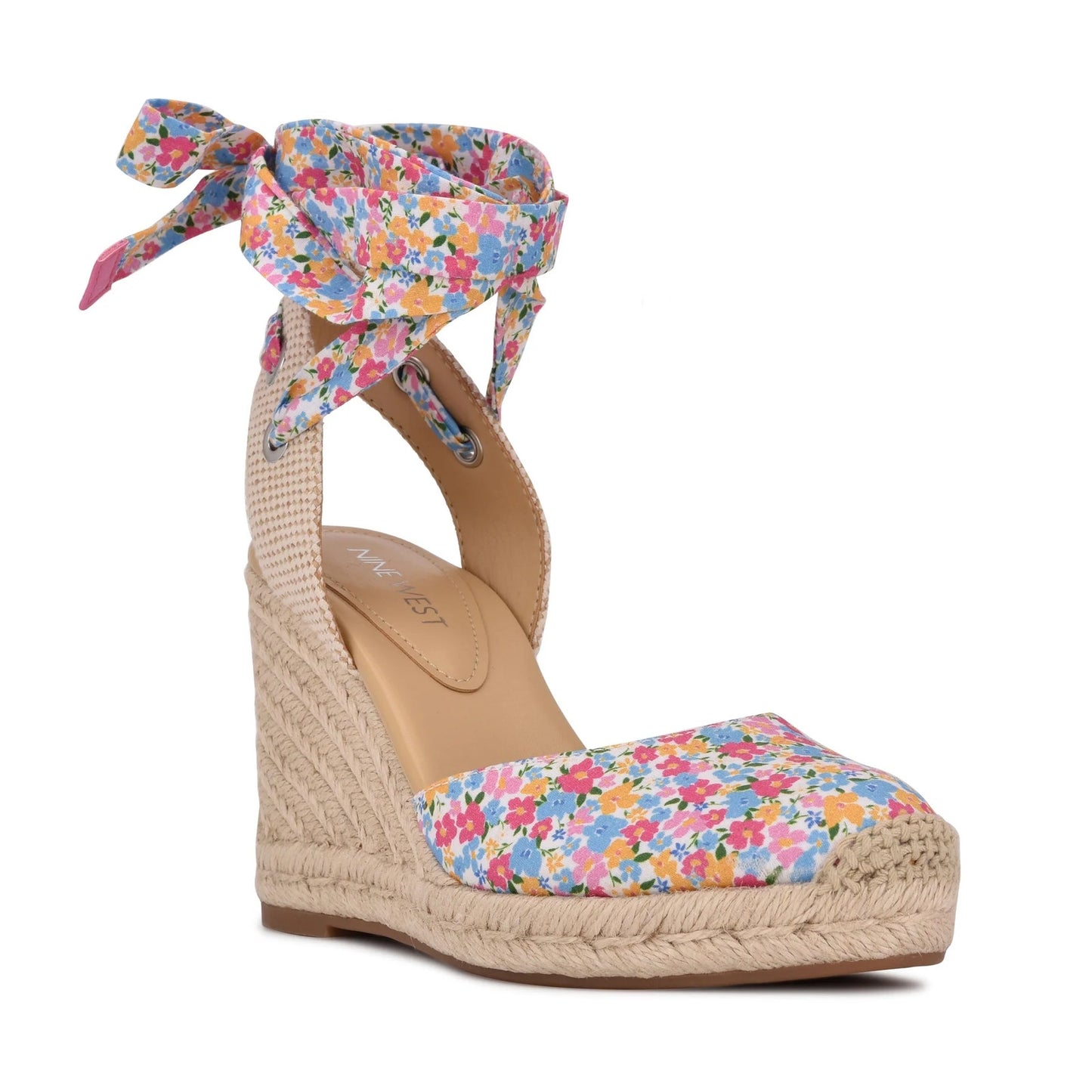 Nine West Friend Ditzy Floral Ankle Wrap Espadrille Wedge Sandals Pink Blue 7