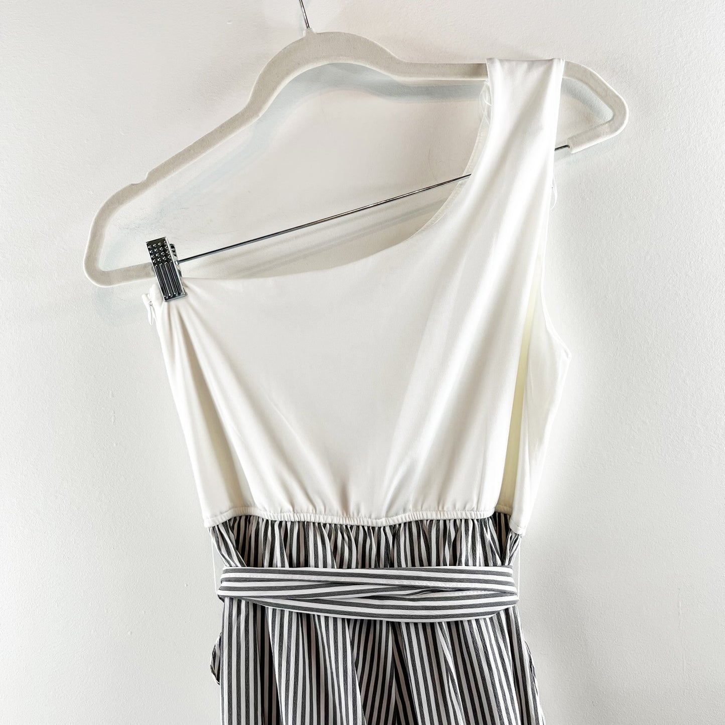 Dress Day One Shoulder Asymmetrical Wide Leg Striped Jumpsuit Black White Medium