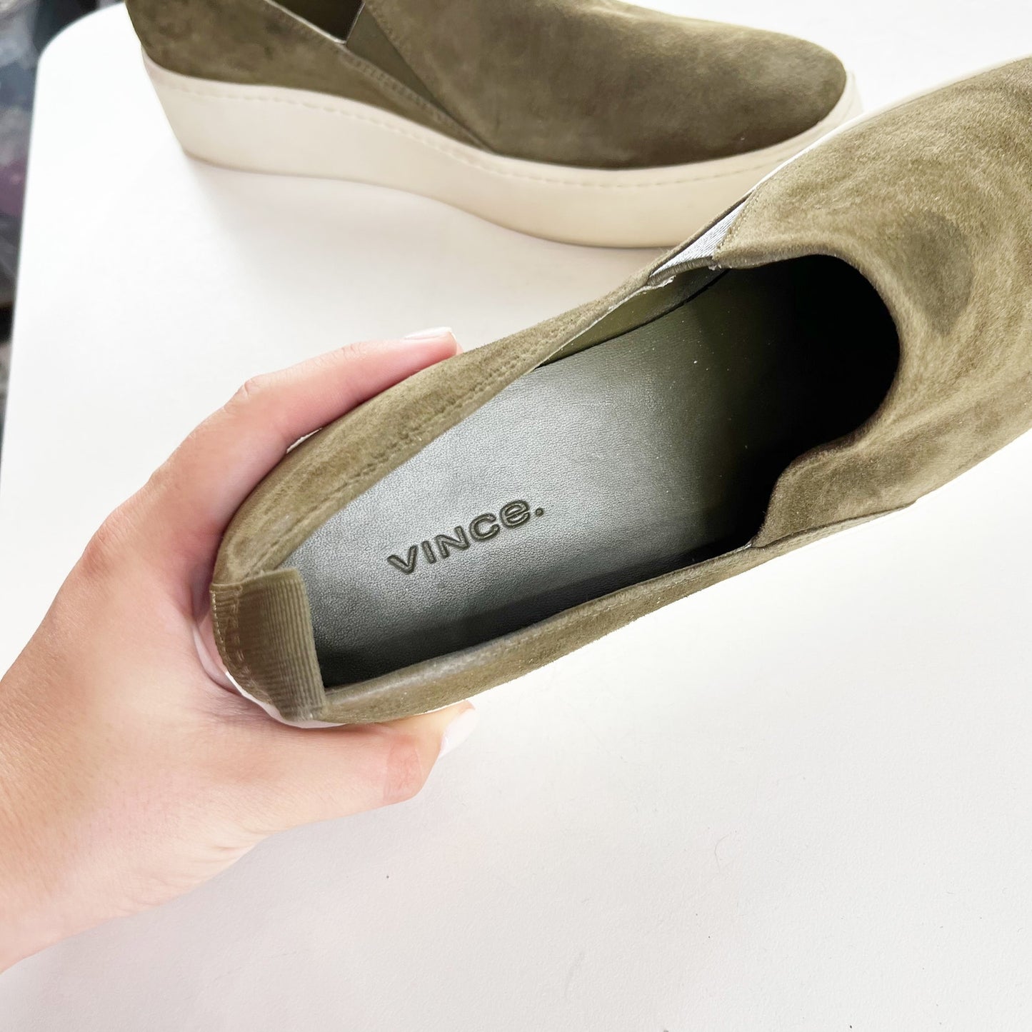 Vince Saxon Suede Slip On Platform Shoes Sneakers Green 9.5
