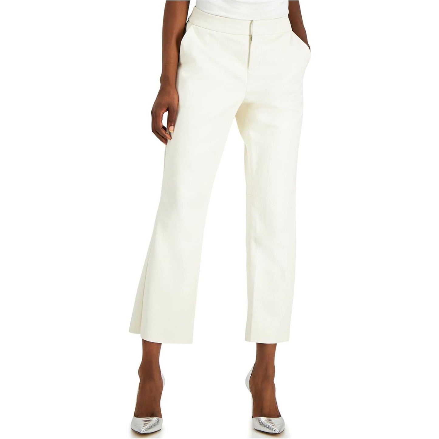 Vince Camuto High Rise Cropped Straight Leg Faux Leather Pants Cream Large