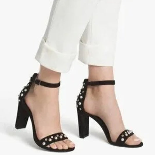 White House Black Market Mylah Pearl Rhinestone Block Heel Sandals Black 7.5