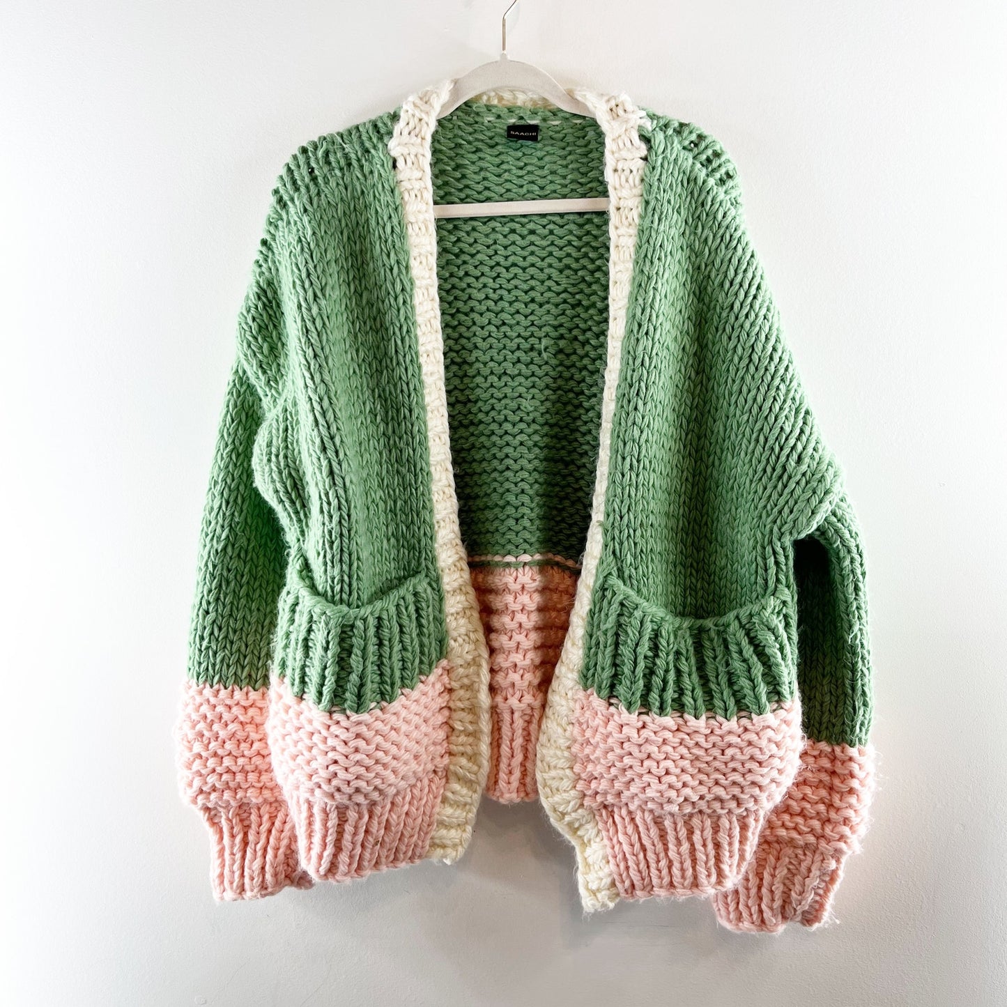Saachi Anthropologie Hand Knit Chunky Cardigan Colorblock Sweater Green Pink O/S