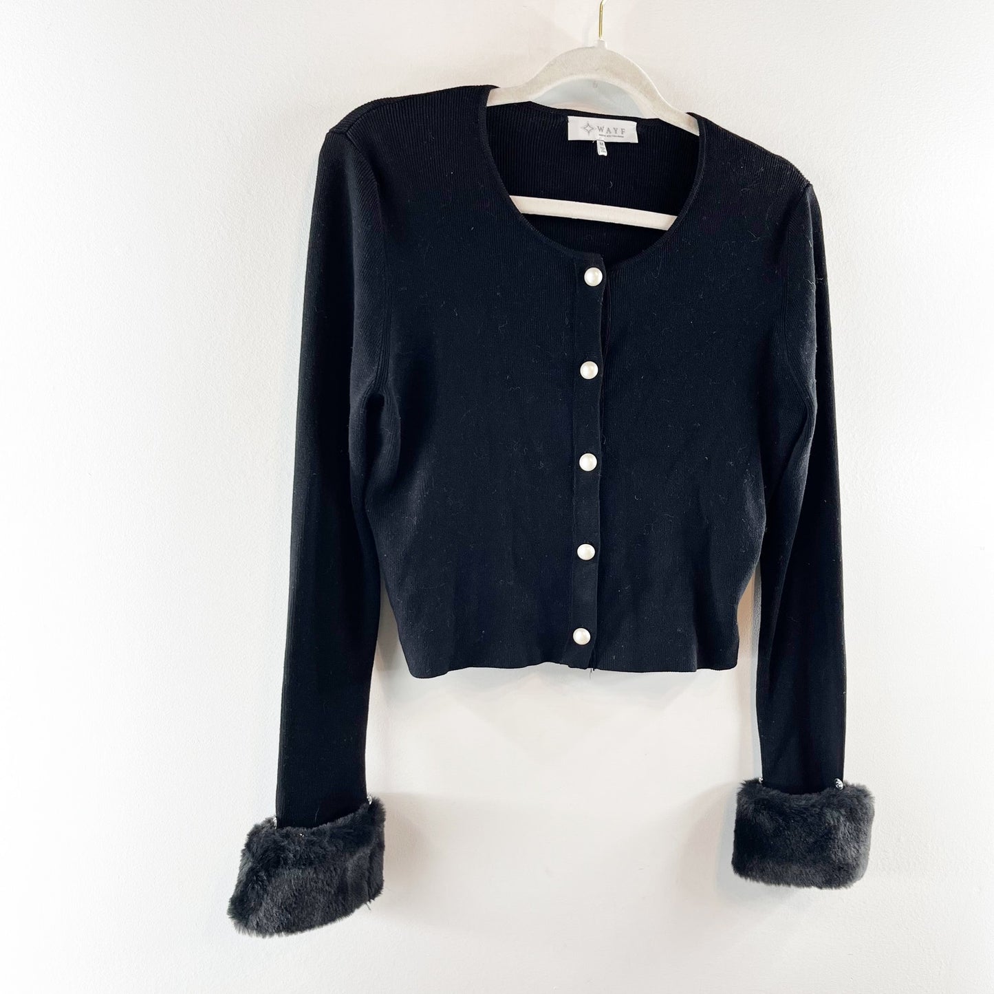 Wayf Long Sleeve Button Front Cropped Cardigan with Faux Fur Cuffs Black Medium
