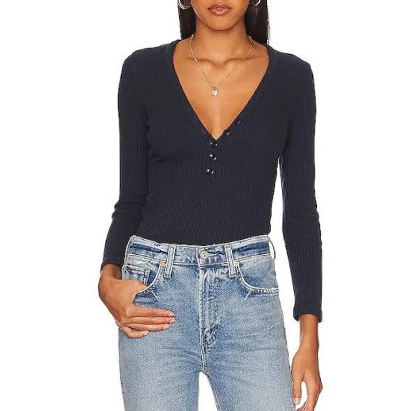 Citizens of Humanity Aideen Long Sleeve Ribbed Knit Henley Top Black Small