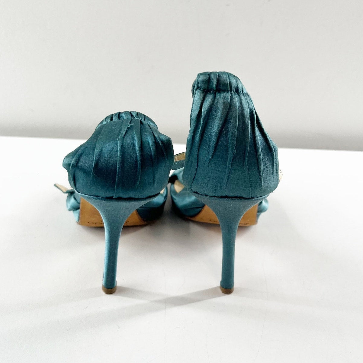 Jimmy Choo Marion Satin Knotted Ankle Strap Platform Stiletto Sandals Green 38