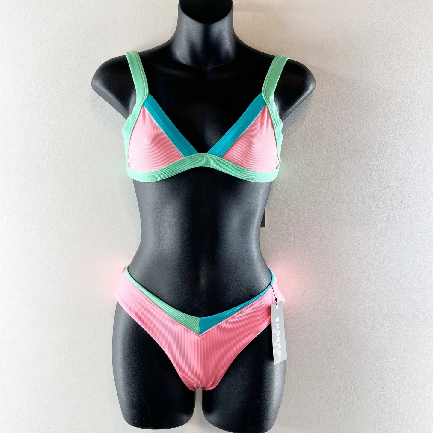 One One Kameron Triangle Ribbed Colorblock Bikini Set Pink Blue Green XS