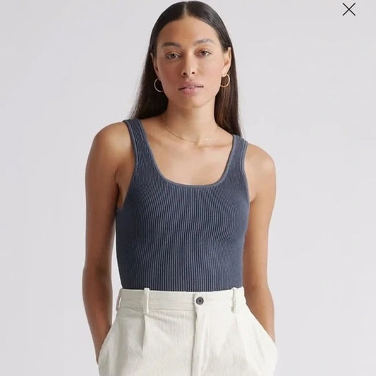 Quince Ribbed Square Neck Cropped Tank Top Gray Blue Small
