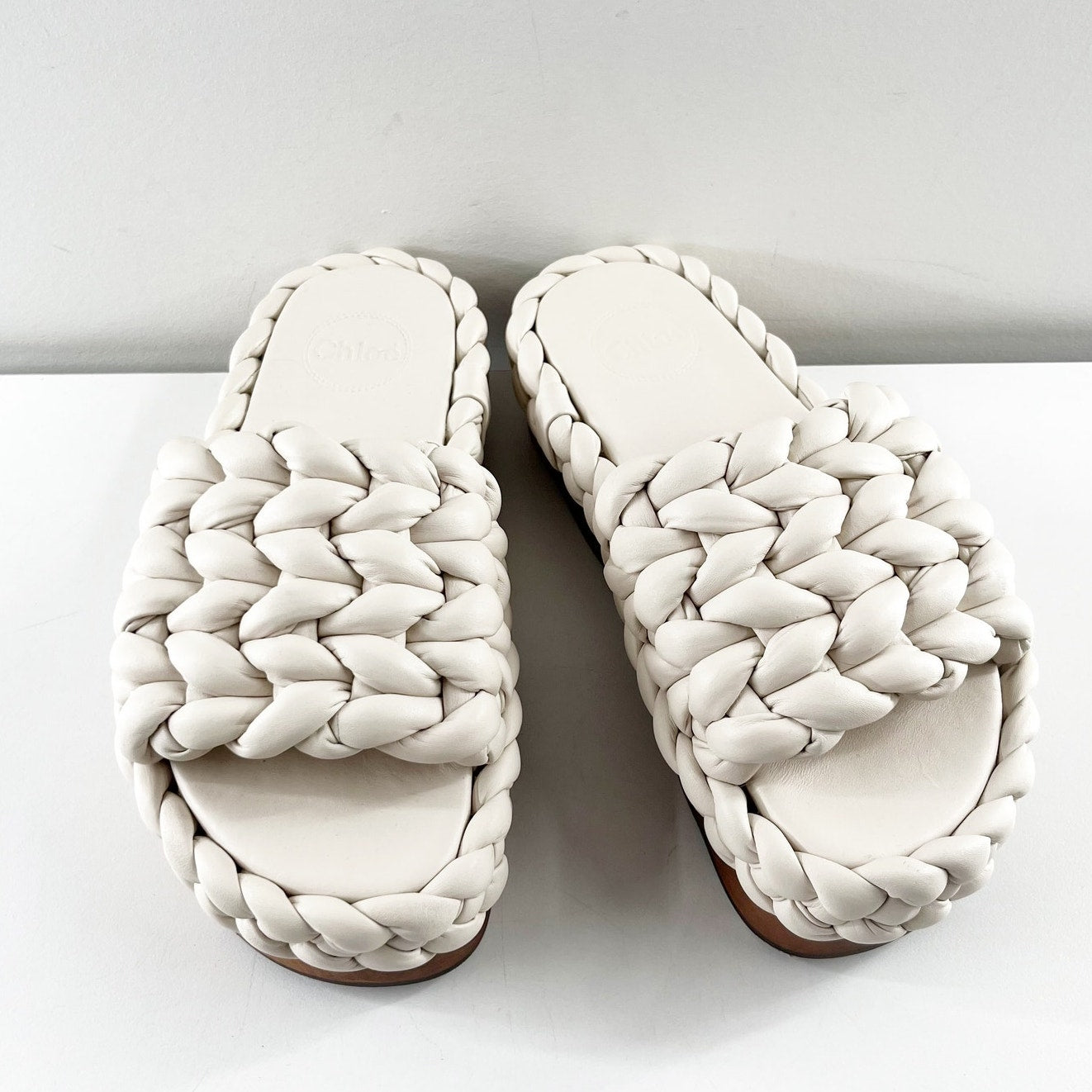 Chloe Wavy Braided Leather Platform Slide Sandals Cream White 39 / US 9