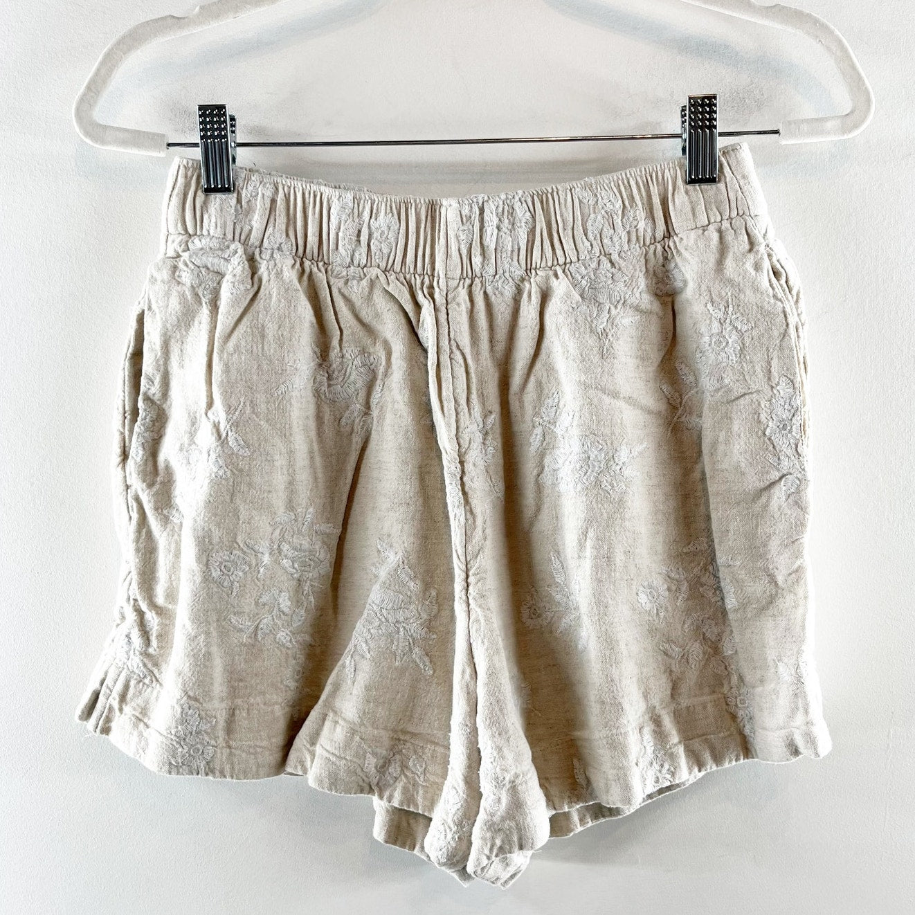 Abercrombie & Fitch Linen Blend Elastic Waist Floral Shorts Tan Medium