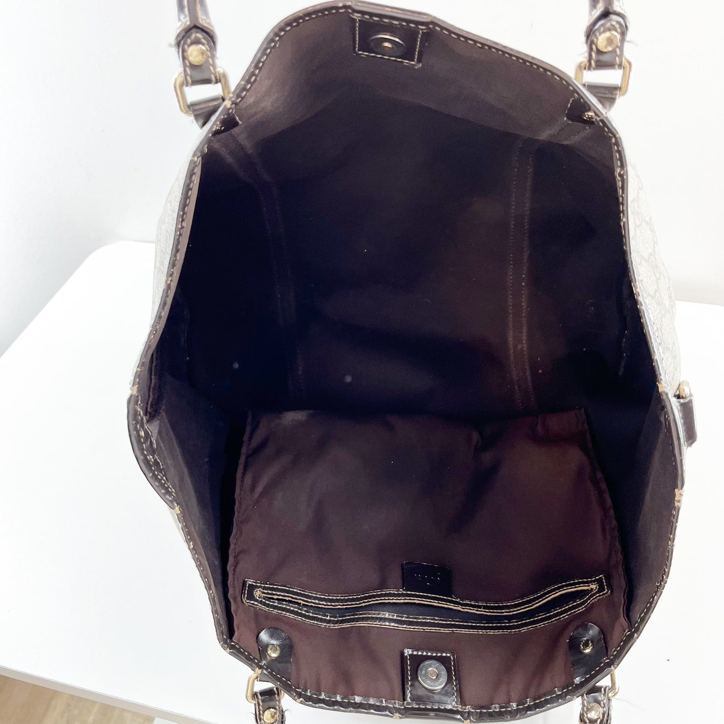 Gucci Joy GG Supreme Canvas Tote Bag Purse Tan Beige Brown