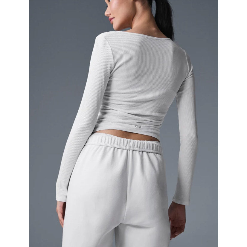 Alo Gather Long Sleeve Ribbed Ruched Top White Small
