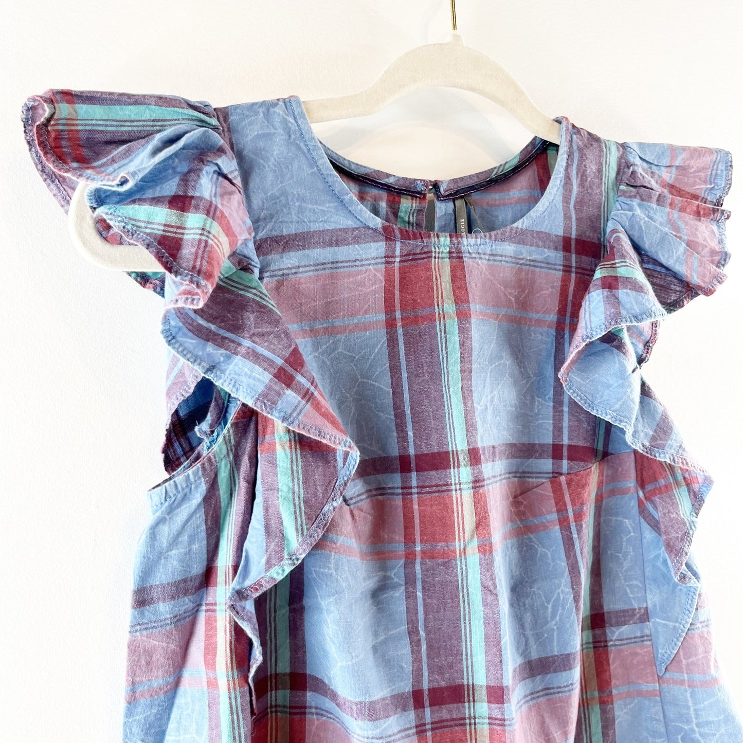 Anthropologie Amarette Plaid Tartan Ruffle Sleeve Top Blouse Blue Red XXS