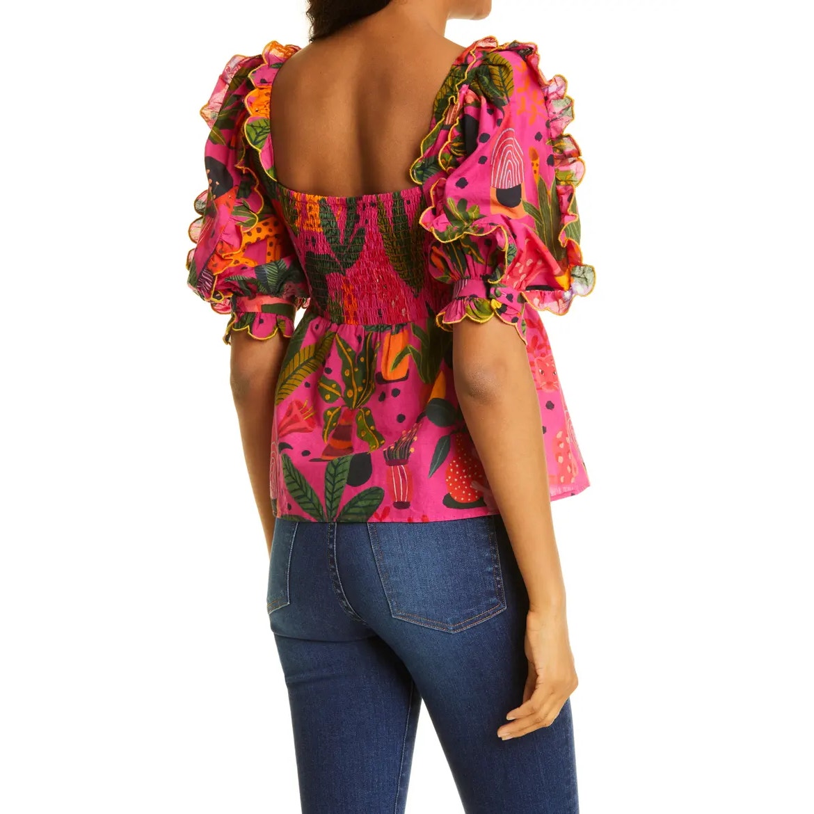 FARM Rio Pop Leopards Floral Puff Sleeve Ruffled Cotton Blouse Pink Large