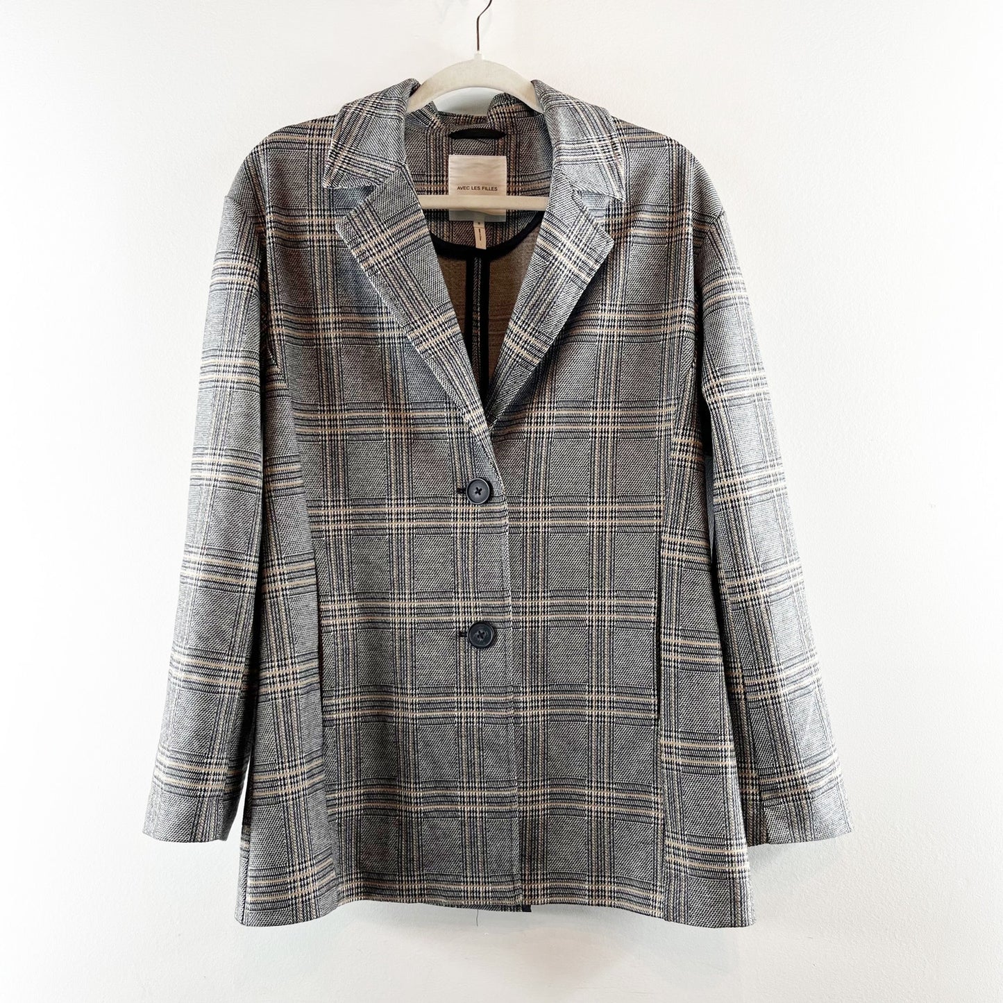 Avec Les Filles Anthropologie Oversized Longline Plaid Blazer Jacket Gray Small