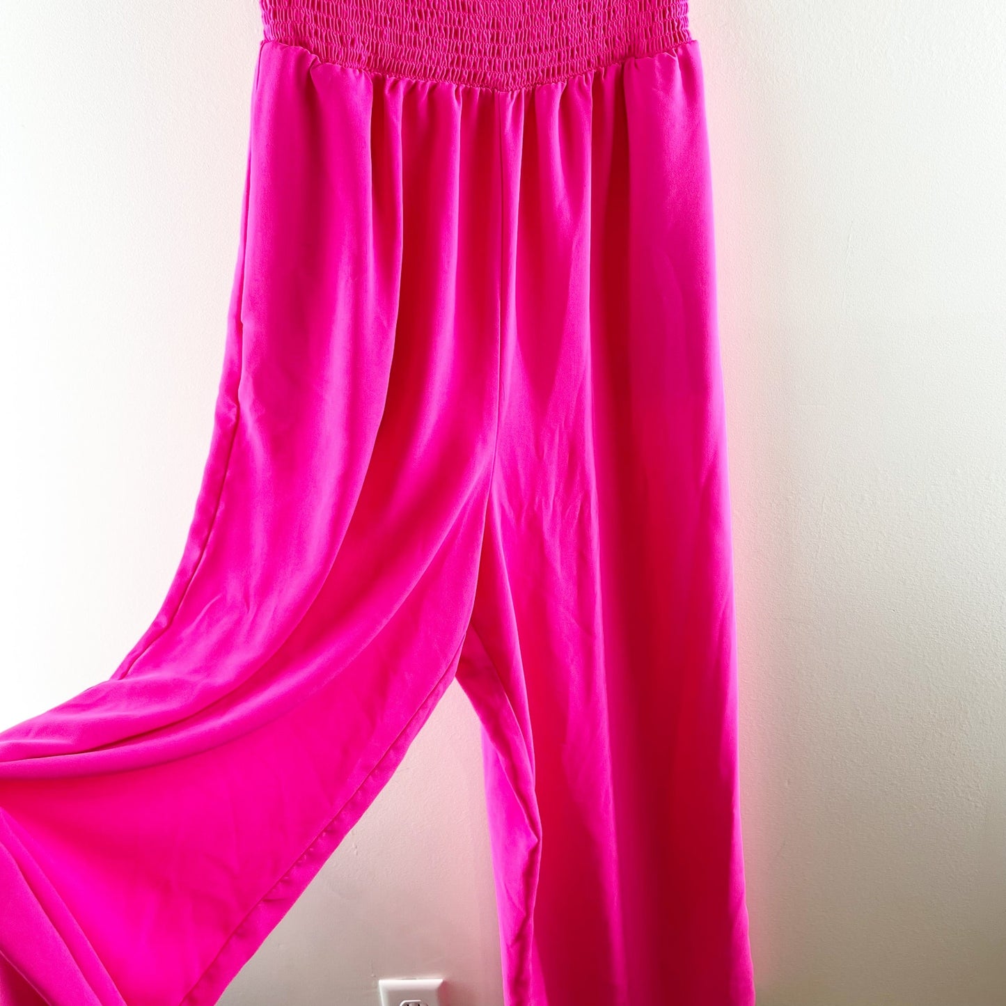 Strapless Side Pocket Smocked One Piece Wide Leg Jumpsuit Pink Small