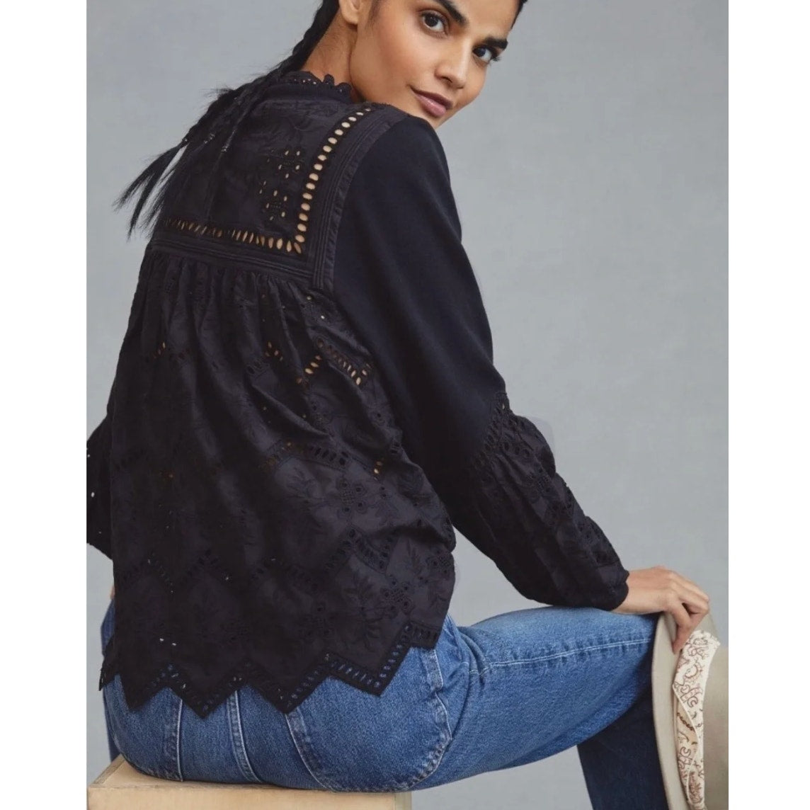 Forever that Girl Cotton Long Sleeve Lace Eyelet Lace Sweatshirt Black XL
