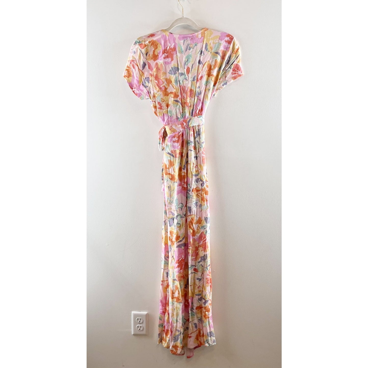 VICI Floral Print V Neck Short Sleeve Wrap Maxi Dress Pink Medium