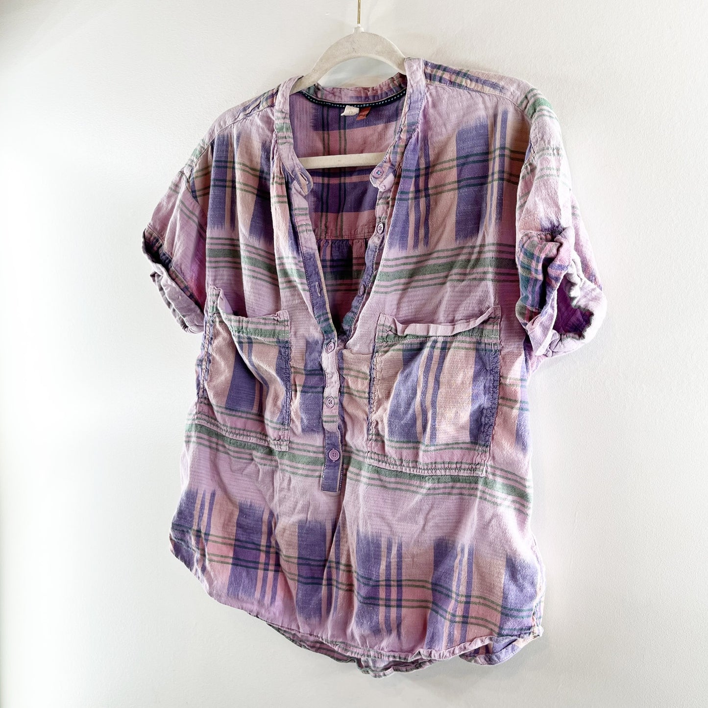 Pilcro Short Sleeve Hannah Plaid Surf Shirt Top Pink Large