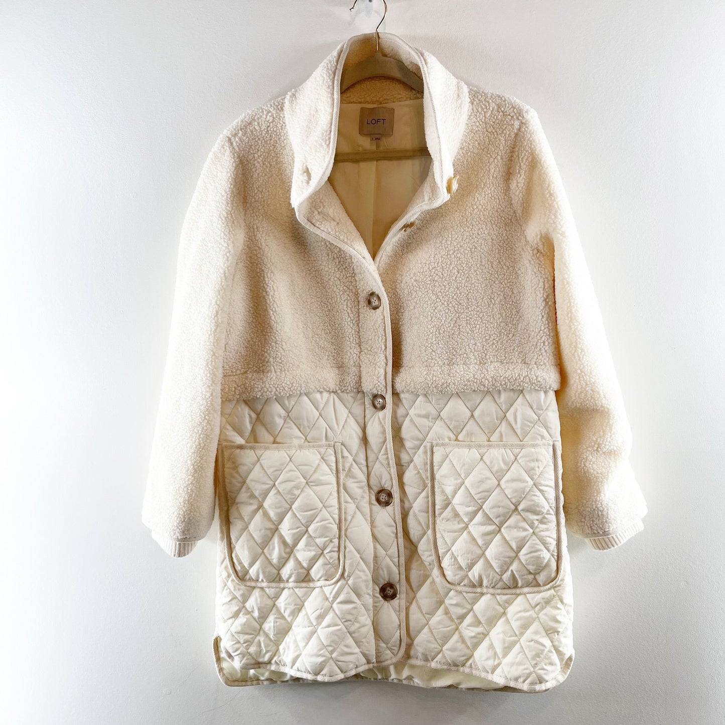 Loft Long Sleeve Button-Front Cozy Sherpa Quilted Coat Cream Small