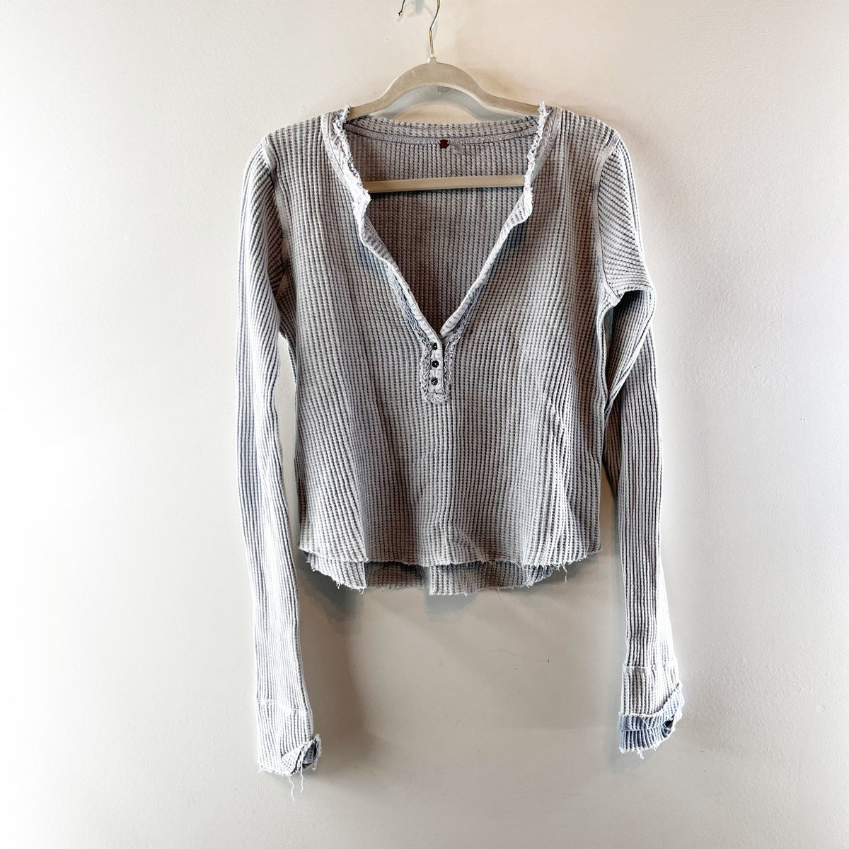 FP One by Free People Colt Thermal Waffle-Knit Long-Sleeve Henley Top Blue Large